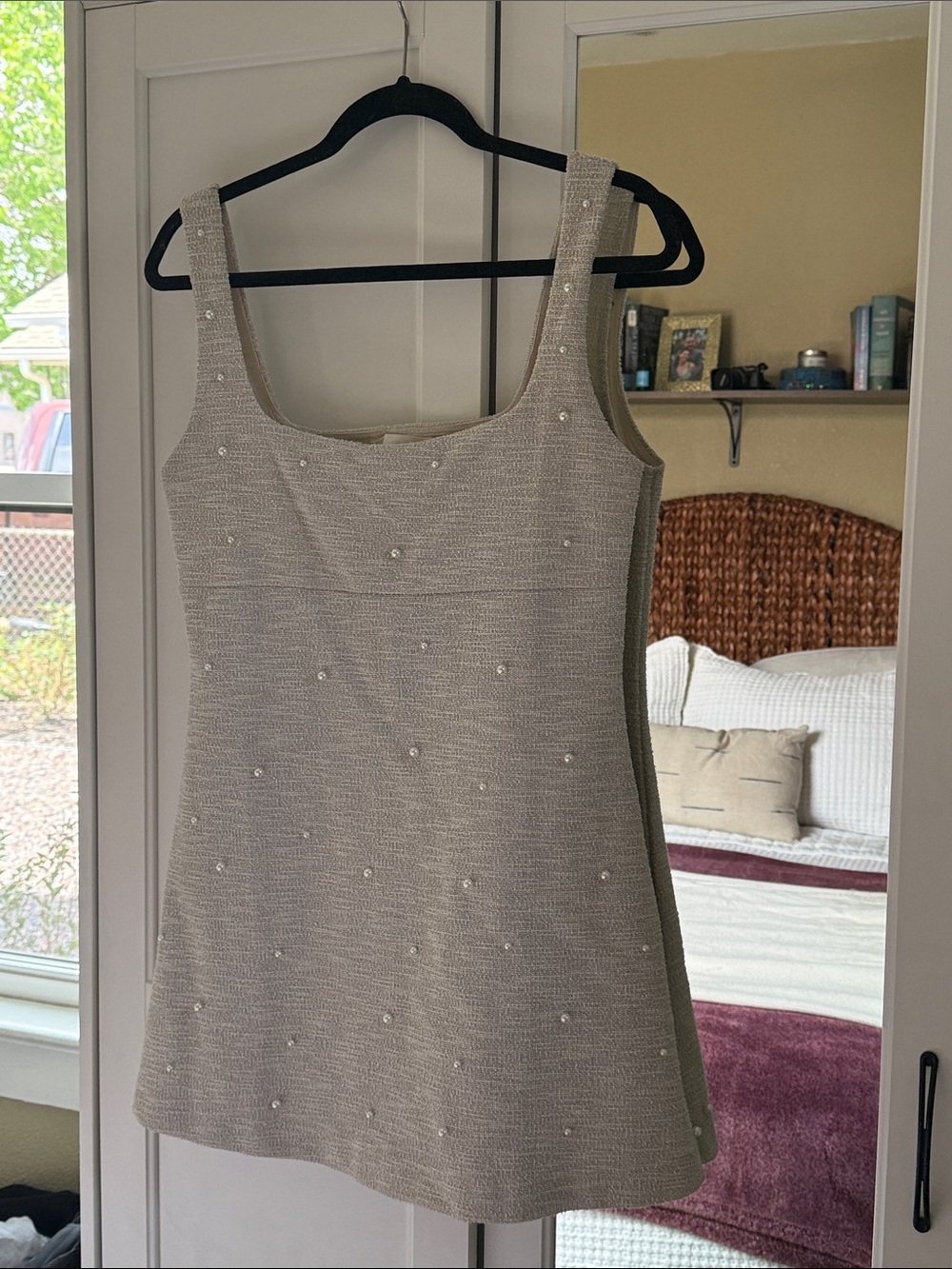 H&M Beige Pearl-Accent Mini Shift Dress
